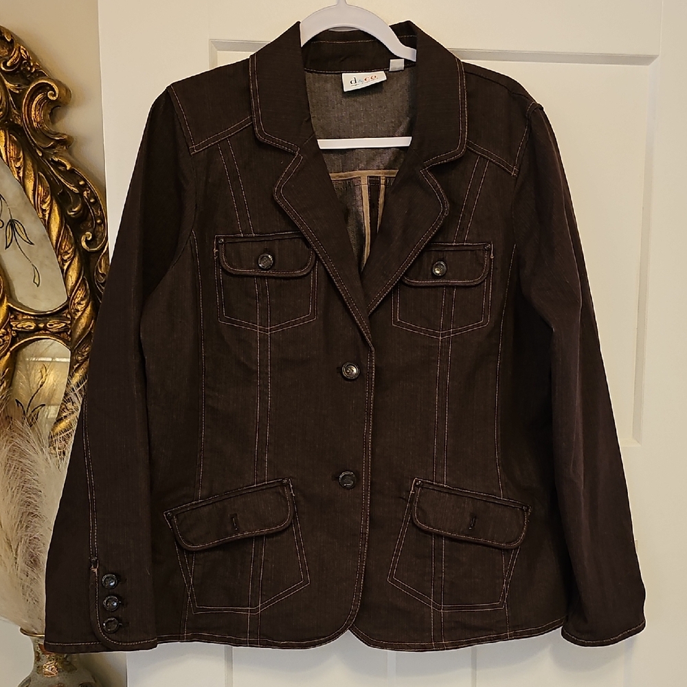 Denim & Co. Brown Denim Jacket Blazer with Button Functional Pockets